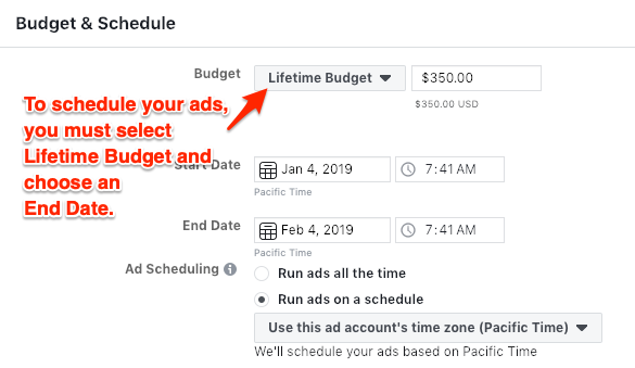 Schedule facebook ads